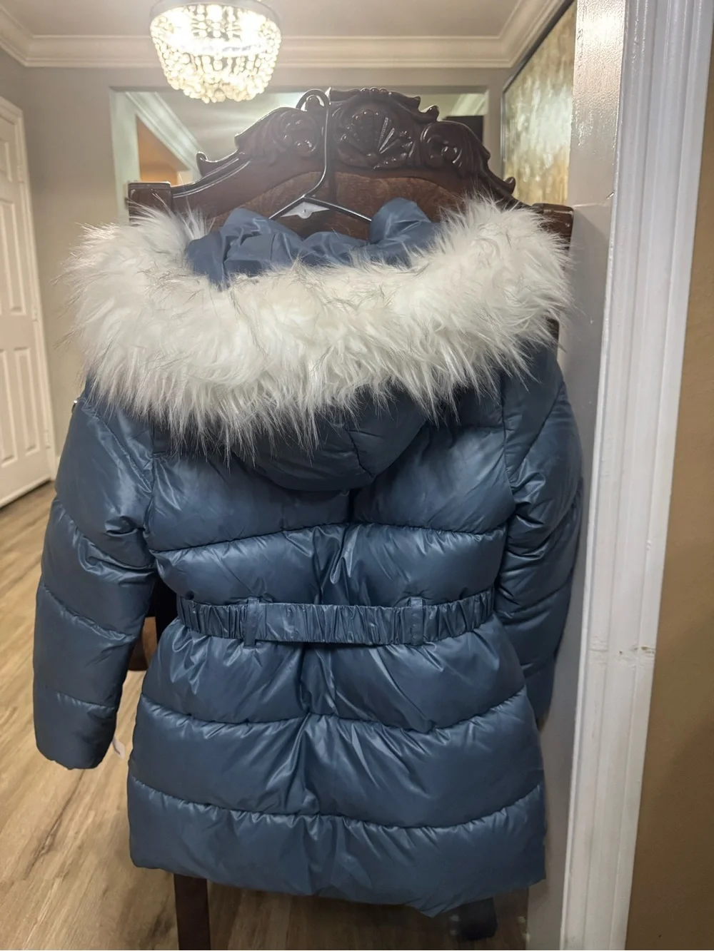 Women’s Blue Puffer Coat with Faux Fur Hood - Classic Winter Jacket